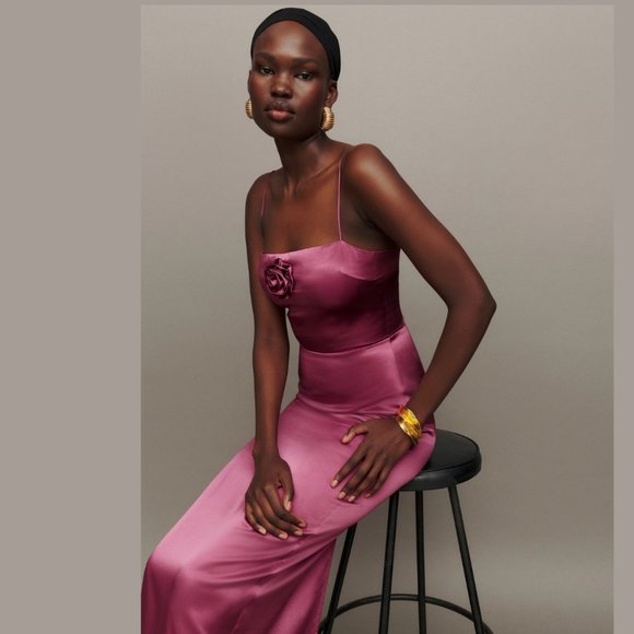 Reformation Frankie Silk Dress | Strawberry Wine Rosette  🕸Silk🕸 🎉NEW 🎀 ✂🏷️ - Picture 4 of 13